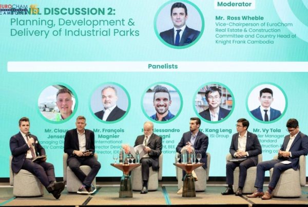 Alessandro Bisagni with fellow panelists at EuroCham Industrial Park Forum 2026 — sustainable industrial parks Cambodia