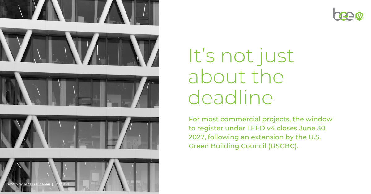 LEED v4 vs v5 Deadline · Commercial Building · BEE Incorporations | Source: Photo by Jens Freudenau on Unsplash Modern commercial building facade with triangular structural grid, paired
with LEED v4 vs LEED v5 registration deadline text — BEE Incorporations