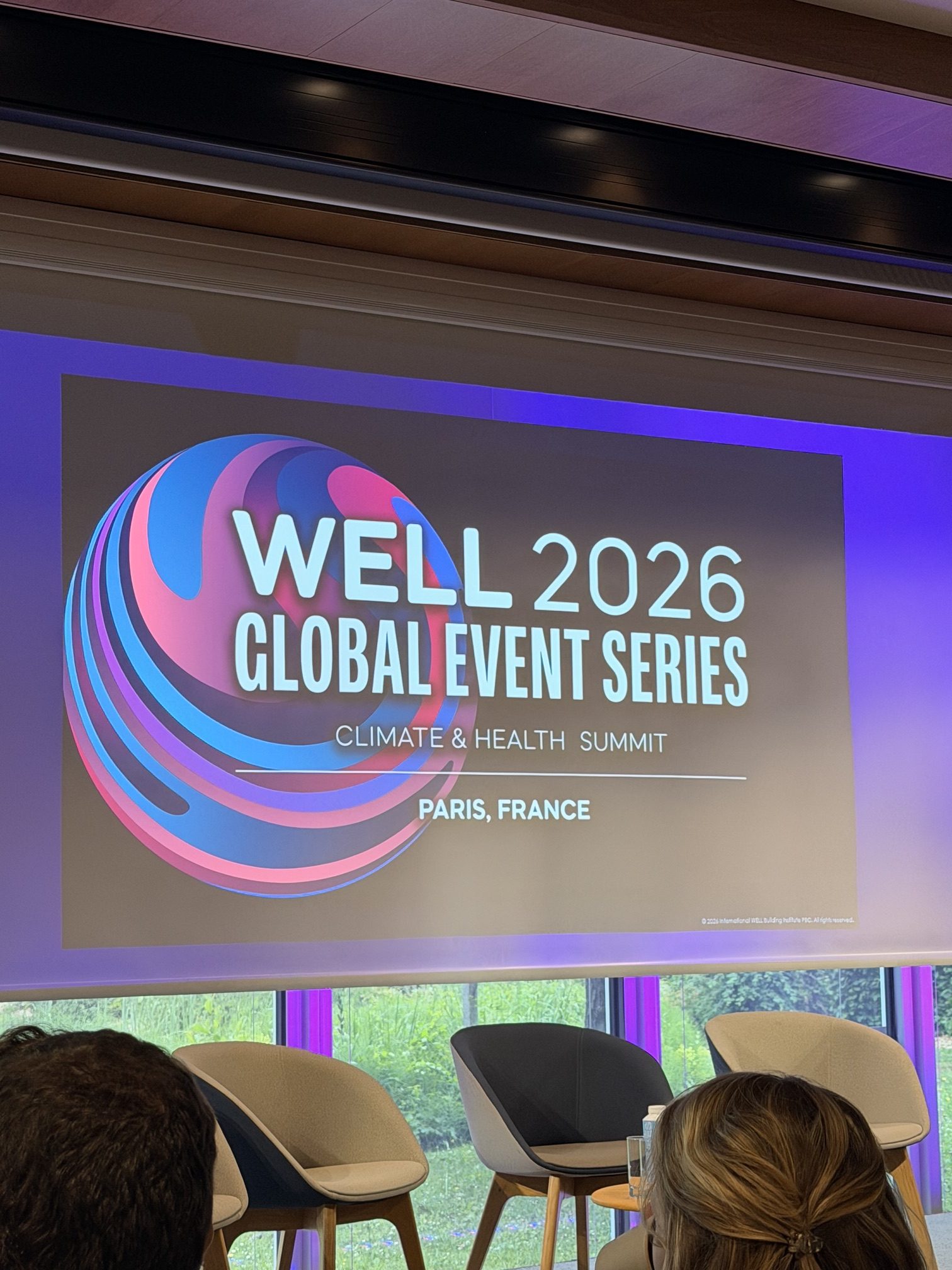 WELL 2026 Climate & Health Summit · Paris · BEE Incorporations WELL 2026 Global Event Series Climate and Health Summit screen at Sanofi Gentilly Campus Paris France