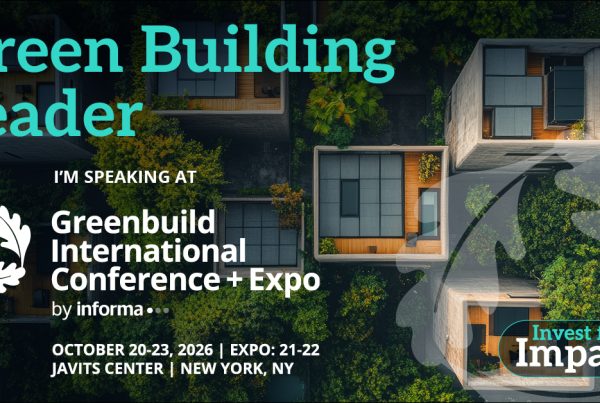 Greenbuild 2026 speaker graphic featuring green-roof architecture, the October 20 to 23 conference dates, and Javits Center, New York.